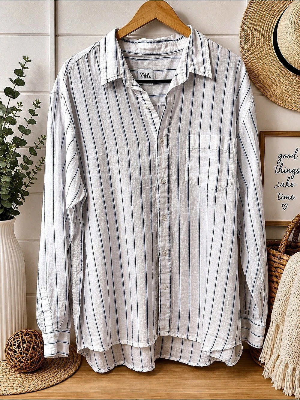 Zara Striped Linen Blend Shirt White & Blue Like New Preloved